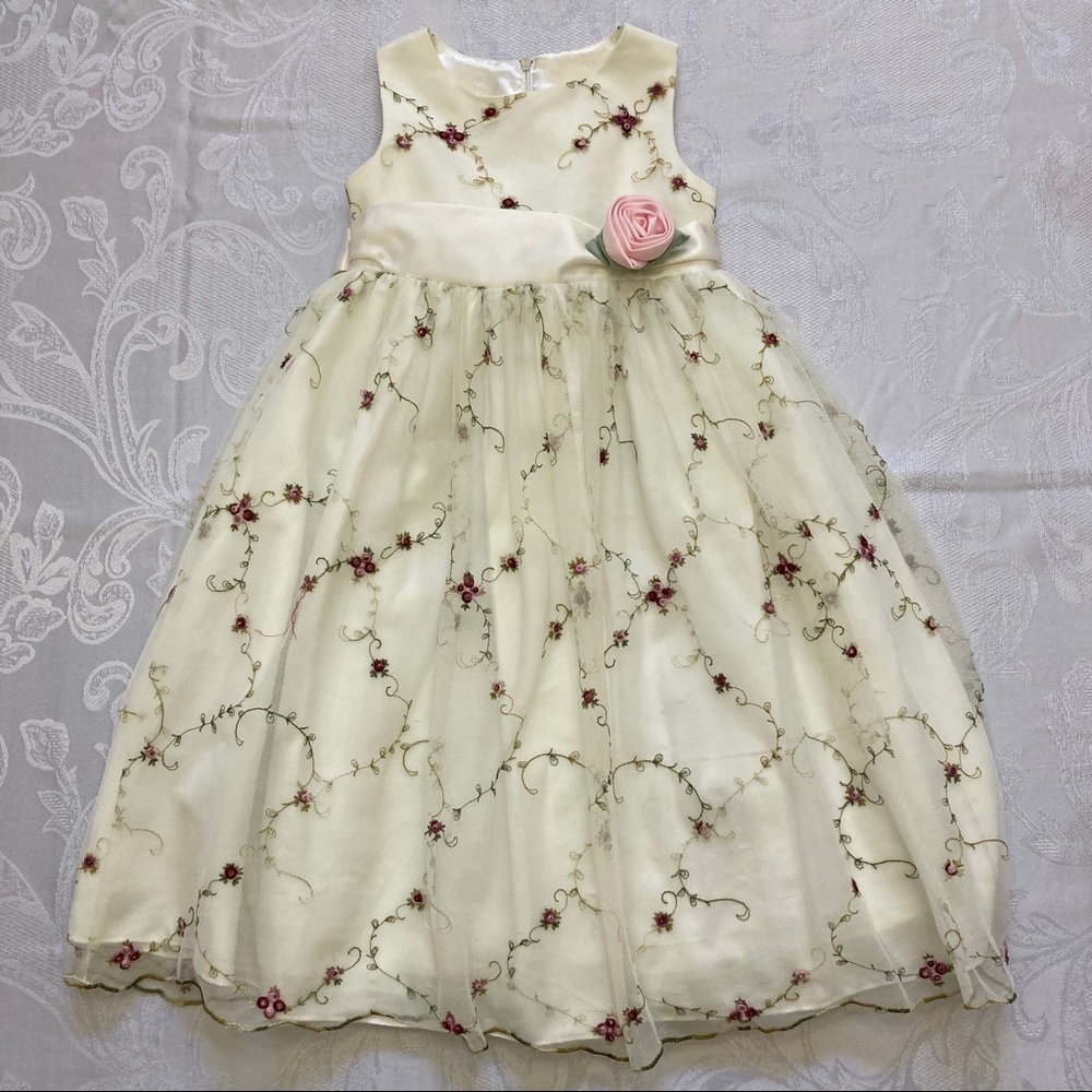 Ivory High Waist Princess Dress, Rosette & Ivy Embroidery